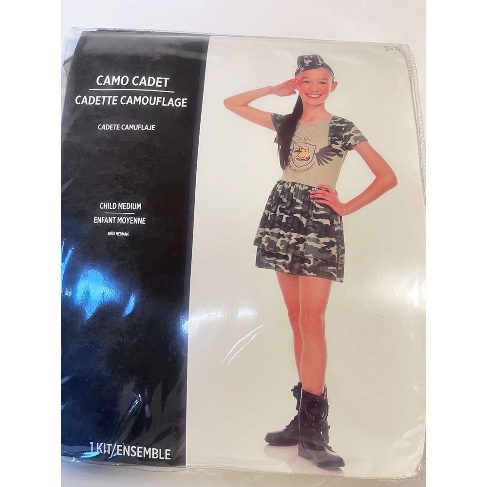 Girls Army Cadet Costume Medium 6-8 Camo Military Halloween Dress Hat NWT